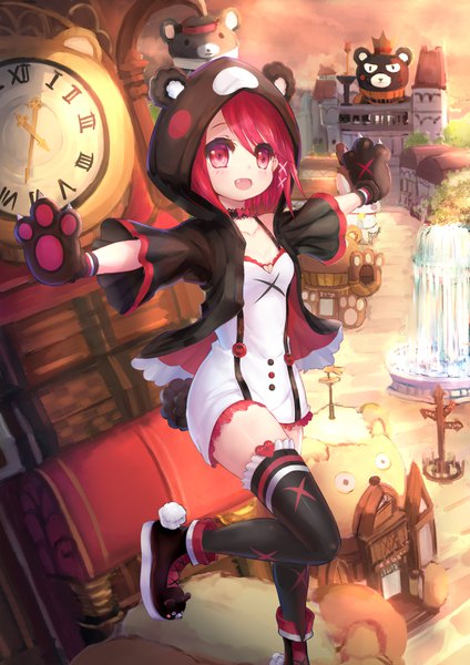 Anime picture 2480x3508 with original muttsuri single tall image looking at viewer blush highres short hair open mouth smile red eyes standing full body bent knee (knees) outdoors red hair animal tail wide sleeves fang (fangs) standing on one leg