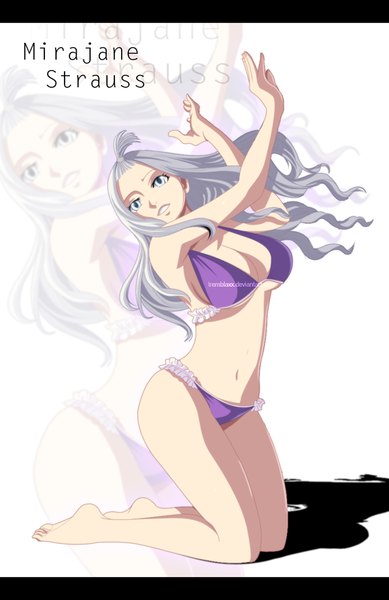 Anime picture 700x1080 with fairy tail mirajane strauss tremblax single long hair tall image light erotic smile silver hair ahoge inscription shadow midriff kneeling coloring letterboxed zoom layer white eyes girl navel