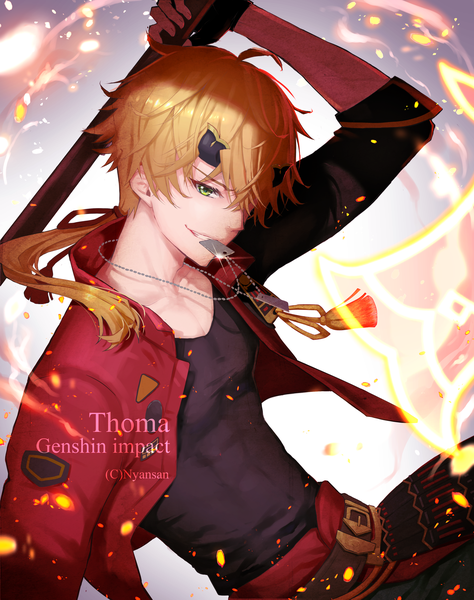 Anime picture 3000x3800 with genshin impact thoma (genshin impact) nyansan oekaki single long hair tall image fringe highres blonde hair smile holding green eyes signed hair over one eye open jacket sparkle copyright name character names mouth hold low ponytail