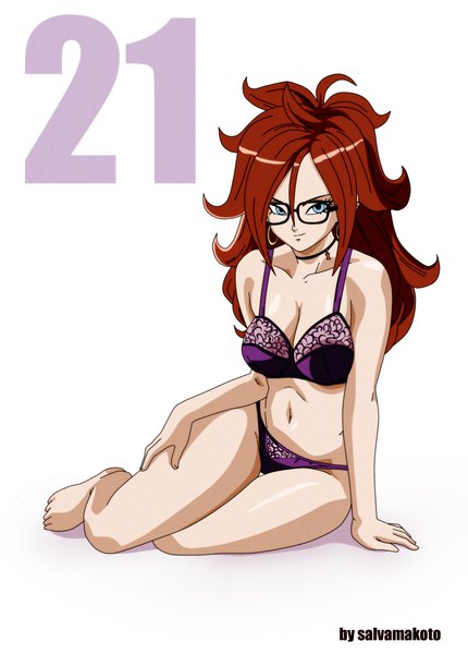 イラスト 1969x2747 と ドラゴンボール dragon ball fighterz android 21 salvamakoto ソロ 長髪 長身像 カメラ目線 highres おっぱい 青い目 light erotic simple background 笑顔 白背景 座る 赤髪 arm support underwear only 女の子