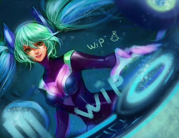 Anime picture 3300x2550 with league of legends sona buvelle songjikyo single long hair looking at viewer highres breasts smile twintails green eyes absurdres green hair girl bodysuit