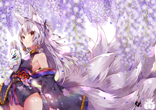 Anime picture 1200x849 with original usagihime single long hair looking at viewer blush fringe breasts light erotic hair between eyes standing holding brown eyes signed animal ears payot silver hair ahoge tail traditional clothes