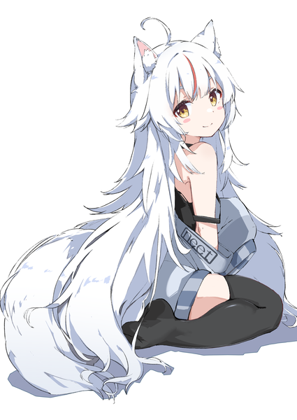 Anime picture 1756x2479 with virtual youtuber indie virtual youtuber kamiko kana rauto single tall image looking at viewer blush highres simple background smile white background sitting animal ears yellow eyes ahoge white hair tail very long hair animal tail