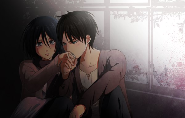 Anime picture 1100x701 with shingeki no kyojin production i.g mikasa ackerman eren yaeger syokumura blush short hair black hair sitting green eyes grey eyes couple holding hands kiss hand kiss girl boy scarf cape