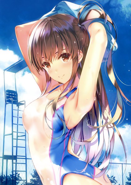 Anime picture 3800x5368 with comic aun amami anzu misaki kurehito single long hair tall image looking at viewer blush fringe highres light erotic smile hair between eyes brown hair standing brown eyes payot absurdres sky cloud (clouds)