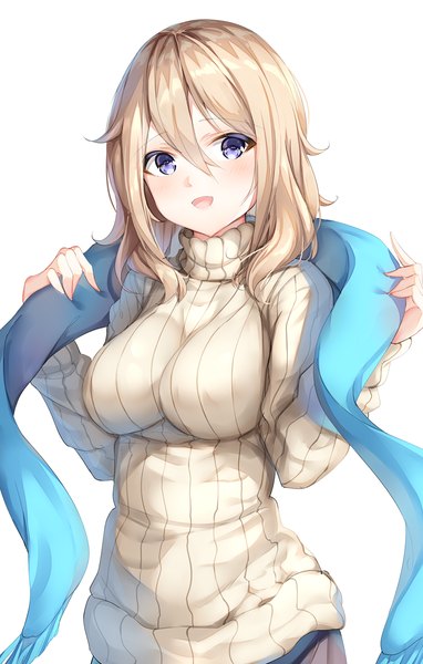Anime picture 764x1200 with gochuumon wa usagi desu ka? white fox aoyama blue mountain shiero. single tall image looking at viewer blush fringe breasts open mouth blue eyes light erotic simple background blonde hair hair between eyes large breasts standing white background holding