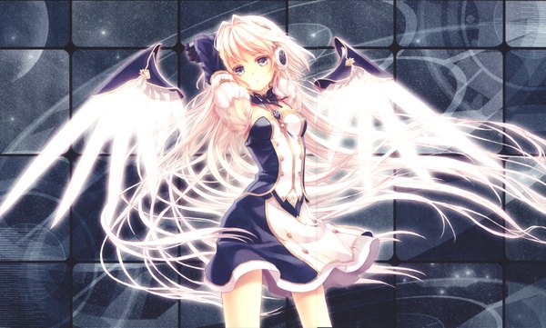 Anime picture 4254x2565 with original yashiro seika single long hair highres wide image purple eyes absurdres white hair grey background arms behind head girl dress gloves wings elbow gloves