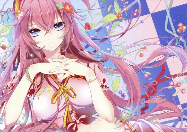 Anime picture 4276x3008 with vocaloid megurine luka single long hair looking at viewer highres blue eyes pink hair absurdres hair flower midriff girl hair ornament food bracelet leaf (leaves) berry (berries)