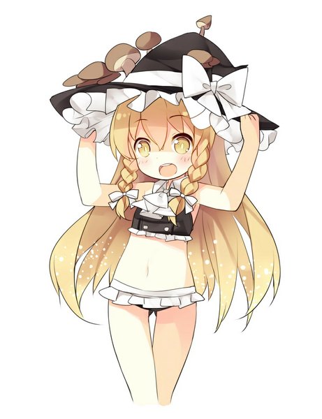 Anime picture 769x1000 with touhou kirisame marisa saru (longbb) single tall image looking at viewer blush open mouth light erotic blonde hair simple background white background yellow eyes braid (braids) bare belly twin braids lolicon girl navel ribbon (ribbons)