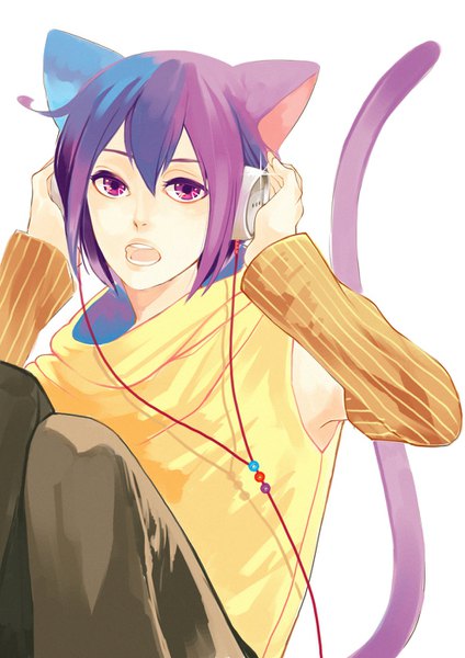 Anime picture 989x1400 with loveless j.c. staff aoyagi ritsuka missifa single tall image looking at viewer fringe short hair open mouth simple background hair between eyes white background sitting purple eyes animal ears purple hair tail animal tail cat ears