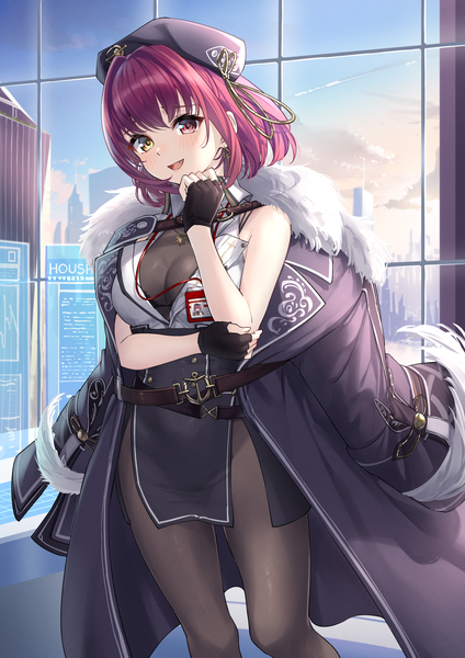 Anime picture 1736x2456 with virtual youtuber hololive houshou marine houshou marine (6th costume) tsurupy single tall image highres short hair open mouth light erotic sky red hair :d fang (fangs) heterochromia official alternate costume clothes on shoulders girl gloves