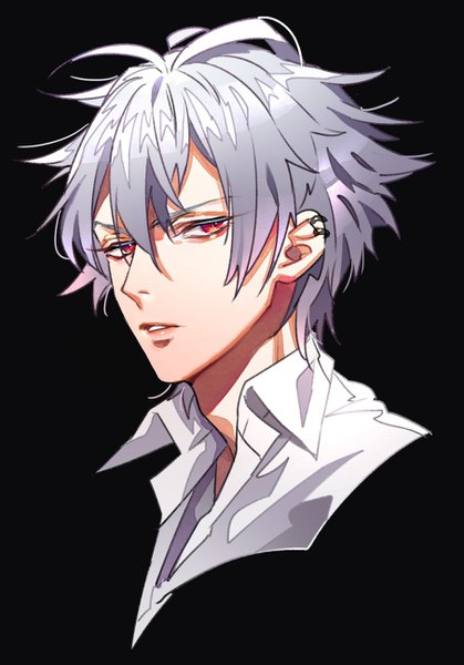 Anime picture 905x1296 with hypnosis mic aohitsugi samatoki tenobe single tall image looking at viewer fringe short hair simple background hair between eyes red eyes silver hair parted lips piercing black background portrait ear piercing boy shirt white shirt