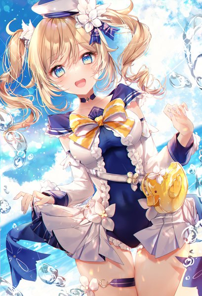 Anime picture 1771x2598 with genshin impact barbara (genshin impact) barbara (summertime sparkle) (genshin impact) taya oco single long hair tall image looking at viewer highres open mouth blue eyes light erotic blonde hair twintails sky cloud (clouds) :d sparkle dutch angle official alternate costume