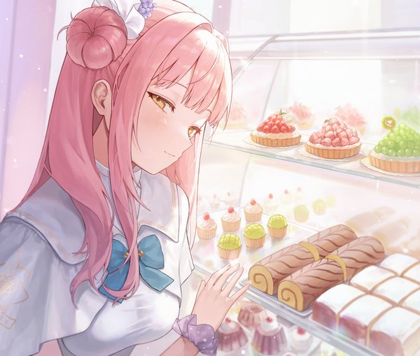 Anime picture 5292x4490 with blue archive mika (blue archive) ff 01 single long hair looking at viewer fringe highres yellow eyes pink hair absurdres upper body blunt bangs hair bun (hair buns) wrist scrunchie girl food sweets scrunchie cupcake
