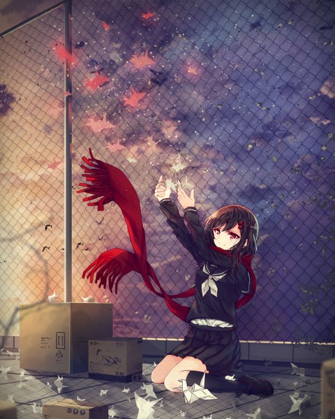 Anime picture 2277x2848 with kagerou project shaft (studio) tateyama ayano daikazoku63 single long hair tall image looking at viewer highres smile red eyes brown hair sitting bent knee (knees) pleated skirt kneeling outstretched arm girl skirt uniform