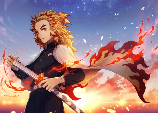 Anime picture 2800x2000 with kimetsu no yaiba ufotable rengoku kyoujurou rokuo016 single long hair looking at viewer highres blonde hair red eyes sky outdoors eyebrows sheathed morning sunrise ready to draw boy uniform weapon