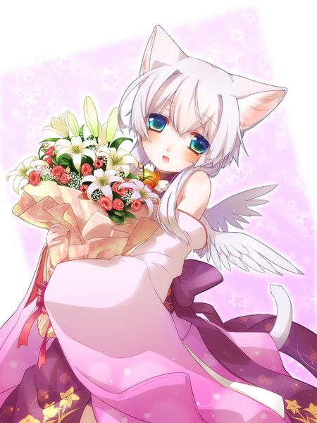 Anime picture 1080x1440 with touhou kazane chinya single tall image blush short hair open mouth blue eyes animal ears white hair animal tail girl flower (flowers) detached sleeves wings bouquet
