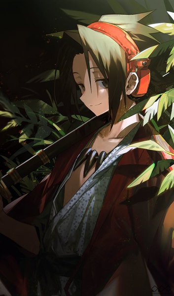Anime picture 471x800 with shaman king xebec asakura you hou (ppo) single tall image looking at viewer short hair brown hair brown eyes upper body traditional clothes japanese clothes sheathed weapon over shoulder boy weapon sword headphones katana