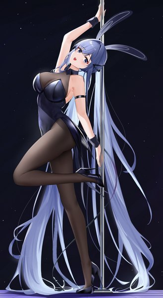 Anime picture 3696x6750 with azur lane new jersey (azur lane) new jersey (exhilarating steps!) (azur lane) qing wu single tall image looking at viewer blush fringe highres breasts open mouth blue eyes light erotic simple background smile large breasts standing animal ears blue hair