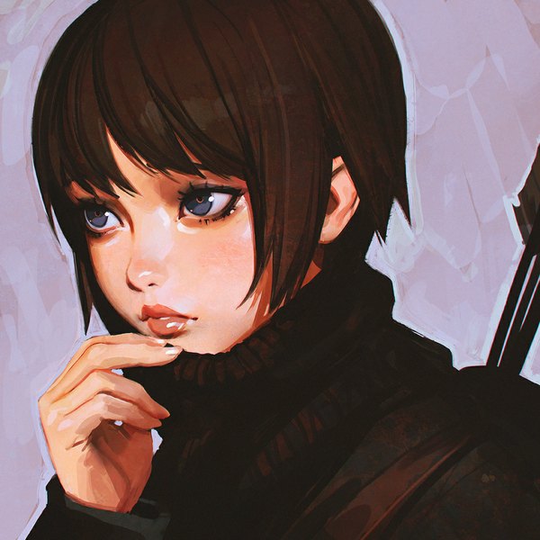 Anime picture 1080x1080 with original ilya kuvshinov single fringe short hair blue eyes brown hair looking away parted lips lips finger to mouth adjusting clothes girl sweater hand