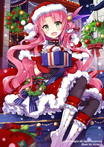 Anime picture 800x1133 with original nyanya single long hair tall image looking at viewer blush open mouth sitting green eyes signed pink hair bent knee (knees) indoors :d blurry official art depth of field fur trim snowing