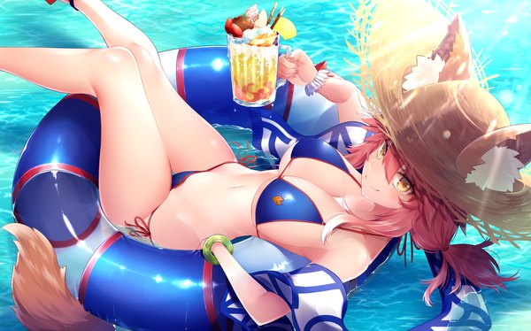 Anime picture 1200x749 with fate (series) fate/grand order tamamo (fate) (all) tamamo no mae (swimsuit lancer) (fate) kito koruta single long hair looking at viewer blush fringe breasts light erotic smile hair between eyes wide image large breasts bare shoulders holding animal ears yellow eyes
