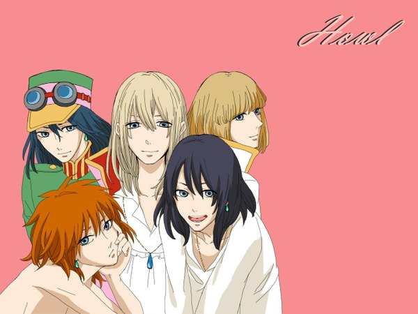 Anime picture 1280x960 with howl's moving castle studio ghibli howl long hair looking at viewer fringe blue eyes black hair simple background blonde hair blue hair light smile orange hair inscription multiple boys pink background open collar boy uniform earrings