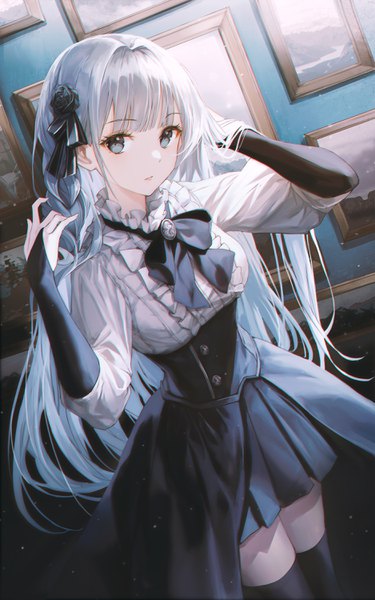 Anime picture 1876x3000 with original yohaku single long hair tall image looking at viewer fringe highres standing silver hair indoors blunt bangs braid (braids) pleated skirt hair flower arms up grey eyes dutch angle zettai ryouiki adjusting hair
