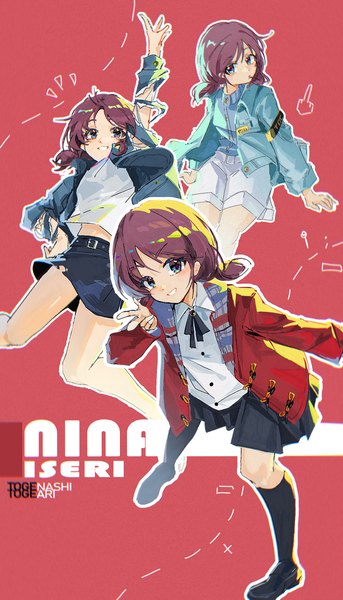 Anime picture 1464x2560 with girls band cry toei animation iseri nina mrruaaa tall image looking at viewer short hair blue eyes twintails purple hair arm up open jacket character names hand on hip low twintails short twintails multiview red background girl skirt