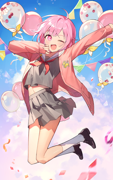 Anime picture 1971x3117 with project sekai ootori emu azit (down) single tall image looking at viewer highres short hair open mouth pink hair full body ahoge long sleeves pleated skirt one eye closed pink eyes wink sleeves past wrists ;d jumping