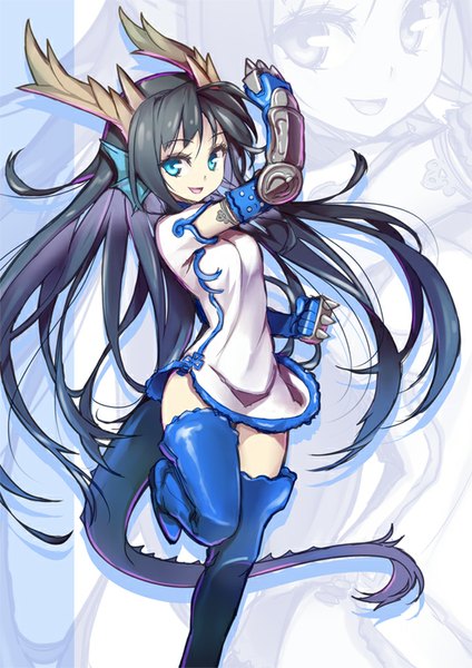 Anime picture 566x800 with puzzle & dragons karin (p&d) hong (white spider) single long hair tall image fringe blue eyes black hair smile bent knee (knees) traditional clothes horn (horns) chinese clothes zoom layer girl gloves boots armor thigh boots