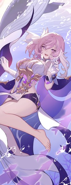 Anime picture 2662x6909 with honkai impact 3rd honkai (series) elysia (honkai impact) elysia (herrscher of human:ego) (honkai impact) sin (btc86amme) single long hair tall image looking at viewer fringe highres breasts open mouth light erotic smile hair between eyes purple eyes bare shoulders pink hair full body