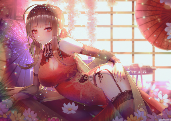 Anime picture 1500x1061 with girls frontline dsr-50 (girls frontline) dsr-50 (red peony) (girls' frontline) hanato (seonoaiko) single long hair looking at viewer blush fringe breasts light erotic smile red eyes brown hair large breasts bare shoulders payot cleavage ahoge traditional clothes