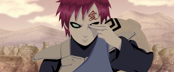 Anime picture 1955x816 with naruto studio pierrot naruto (series) gaara miguelnamikaze005 single highres short hair wide image green eyes pink hair sky cloud (clouds) tattoo coloring portrait mountain face sand jinchuriki