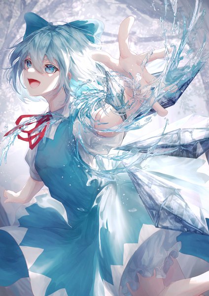 Anime picture 2892x4096 with touhou cirno toku kekakewanko single tall image looking at viewer fringe highres short hair blue eyes hair between eyes blue hair short sleeves puffy sleeves outstretched hand girl dress bow hair bow wings