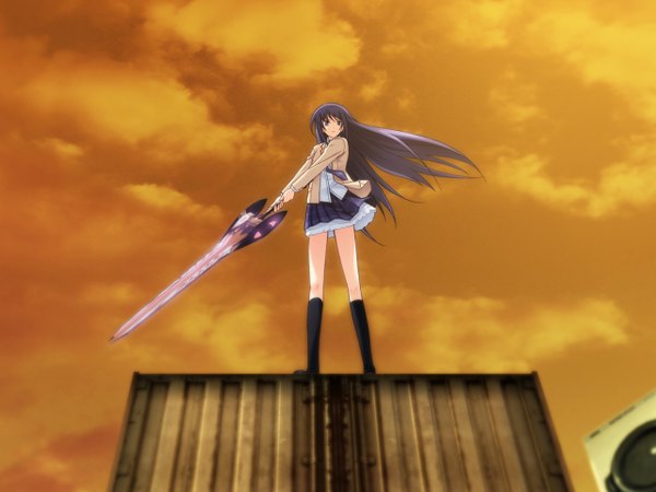 Anime picture 1280x960 with chaos;head aoi sena long hair black hair sky skirt sword serafuku