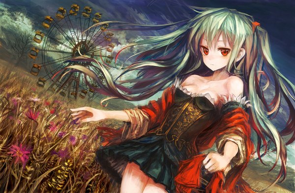 Anime picture 1920x1258 with original lm7 (op-center) single long hair highres red eyes cleavage green hair field girl dress flower (flowers) plant (plants) tree (trees) ferris wheel