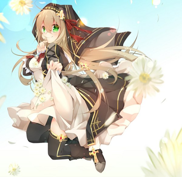 Anime picture 1000x970 with kazeshiro kazeto single long hair looking at viewer fringe breasts blonde hair smile large breasts green eyes long sleeves weightlessness nun girl thighhighs dress flower (flowers) ribbon (ribbons) hair ribbon headdress
