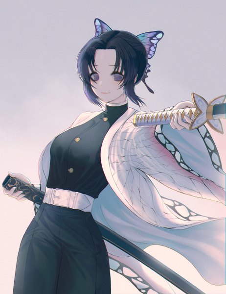 Anime picture 1927x2500 with kimetsu no yaiba ufotable kochou shinobu orecalc3092 single tall image looking at viewer fringe highres short hair black hair simple background smile standing purple eyes holding payot traditional clothes japanese clothes wide sleeves