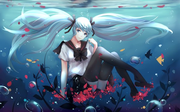 Anime picture 2400x1500 with vocaloid hatsune miku dre single looking at viewer highres twintails full body very long hair aqua eyes aqua hair underwater girl thighhighs skirt uniform black thighhighs miniskirt animal petals