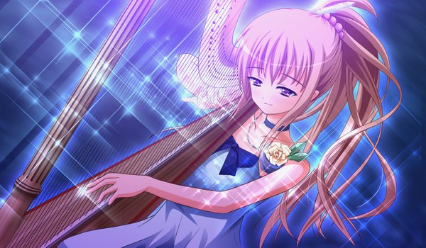 Anime picture 1500x875 with original kirisaki megumi single long hair blonde hair wide image purple eyes ponytail blue background girl dress flower (flowers)