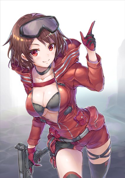 Anime picture 801x1133 with girls frontline pm-06 (girls frontline) potato tacos single tall image looking at viewer blush fringe short hair breasts light erotic simple background smile red eyes brown hair large breasts holding cleavage arm up walking