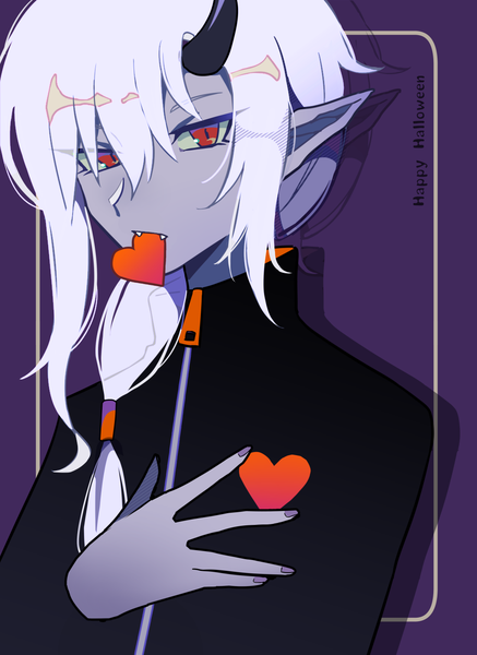 Anime picture 1020x1400 with original sasa kado (redbluemoon74) single long hair tall image looking at viewer fringe simple background hair between eyes red eyes holding upper body white hair horn (horns) pointy ears fang (fangs) mouth hold low ponytail halloween framed