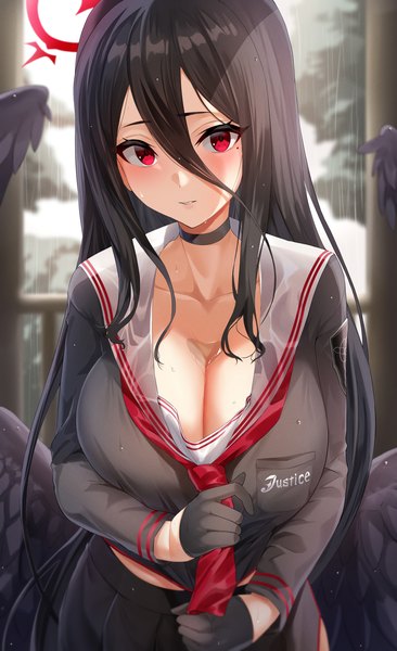 Anime picture 2496x4093 with blue archive hasumi (blue archive) fujitsubo (hujitubo0731) single long hair tall image looking at viewer blush fringe highres breasts light erotic black hair hair between eyes red eyes large breasts standing holding cleavage long sleeves