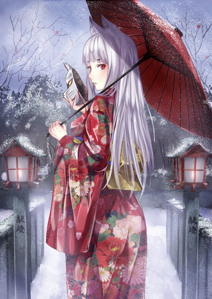 Anime picture 1066x1500 with original morerin single long hair tall image blush fringe standing holding animal ears sky purple hair traditional clothes japanese clothes pink eyes looking back from behind fox ears floral print hieroglyph