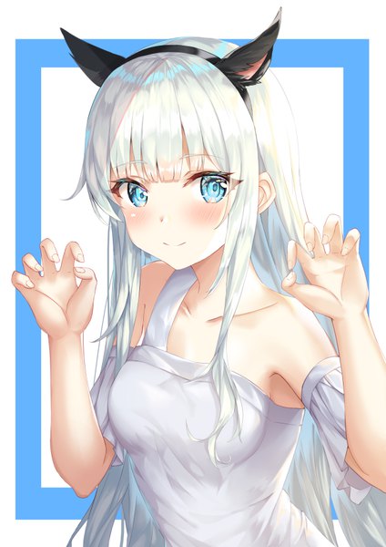 Anime picture 4960x7016 with original kokose single long hair tall image looking at viewer blush fringe highres breasts blue eyes simple background smile white background bare shoulders animal ears absurdres silver hair upper body blunt bangs