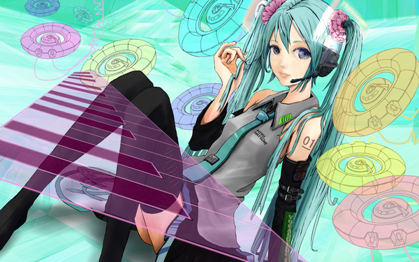Anime picture 1920x1200 with vocaloid hatsune miku sputnik films single long hair highres wide image twintails aqua eyes aqua hair girl thighhighs black thighhighs detached sleeves necktie headphones