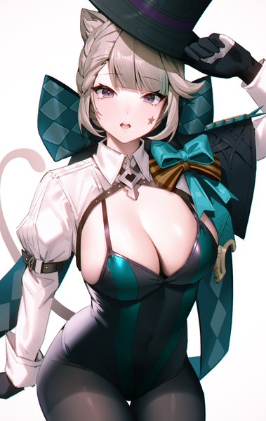 Anime picture 1152x1826 with genshin impact lynette (genshin impact) 95--- single tall image looking at viewer fringe short hair breasts open mouth light erotic simple background large breasts white background sitting purple eyes animal ears cleavage tail blunt bangs