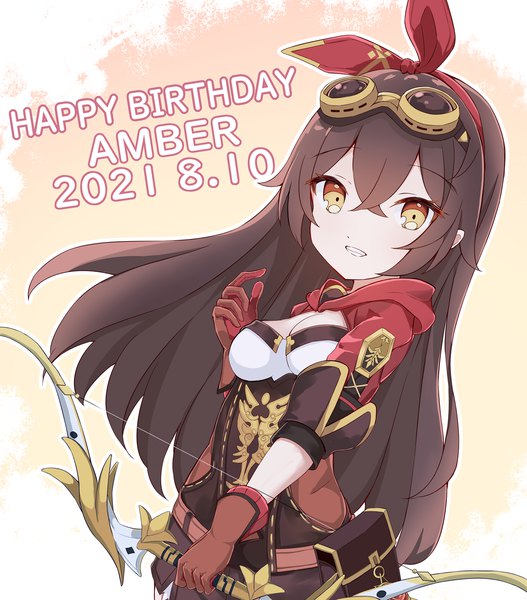 Anime picture 1243x1416 with genshin impact amber (genshin impact) rururiiro single long hair tall image looking at viewer fringe smile hair between eyes brown hair yellow eyes cleavage character names grin dated happy birthday goggles on head girl ribbon (ribbons)