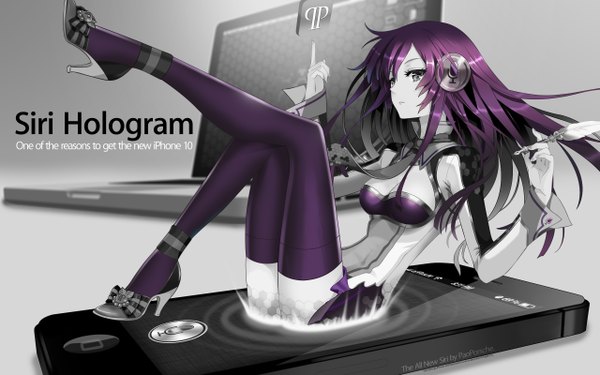 Anime picture 2560x1600 with apple inc. siri an2a single long hair highres wide image sitting purple hair long sleeves crossed legs cleavage cutout expressionless girl thighhighs necktie headphones phone pen computer